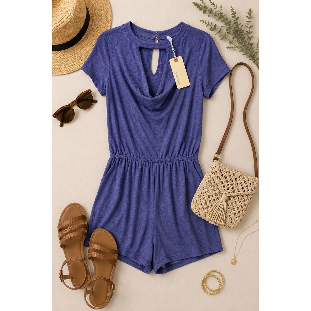 Lanston Indigo Blue Purple Cowl Neck Romper Small NWT Soft Knit Keyhole Romper